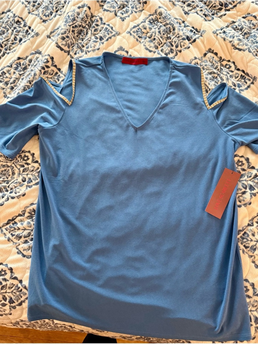 Scarlett Sky Blue Cold-Shoulder V-Neck Tee with Metallic-Trim Shoulders
